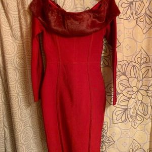 Red fitted off the shoulder dress with fur
